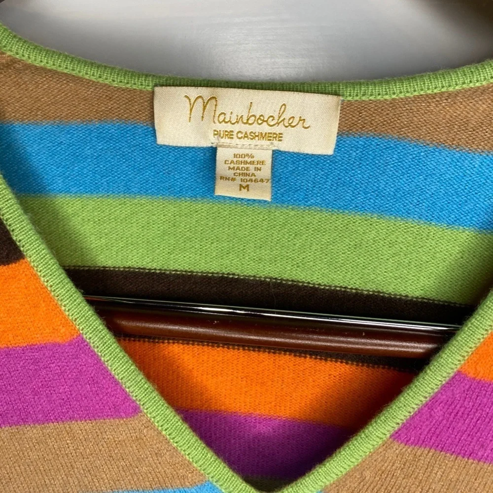 Vintage Mainbocher Cashmere Striped V Neck Sweater Size Medium - Picture 2 of 12